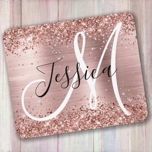 Glittery Rose Gold Foil Black and White Monogram Mouse Pad