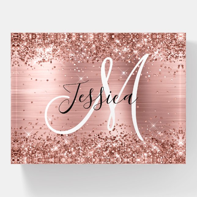 Glittery Rose Gold Foil Black and White Monogram Paperweight (Front)