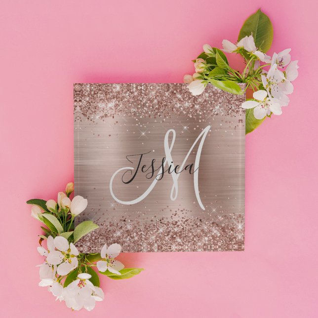 Glittery Rose Gold Foil Black and White Monogram Paperweight (Create your own pretty monogrammed paperweight for her home office.)