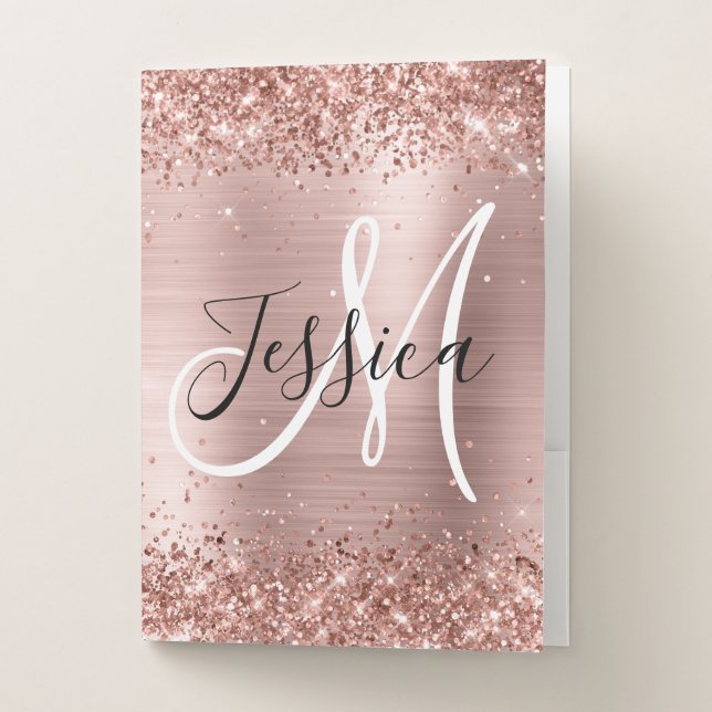 Glittery Rose Gold Foil Black and White Monogram Pocket Folder (Front)