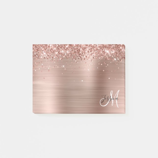 Glittery Rose Gold Foil Black and White Monogram Post-it Notes (Front)