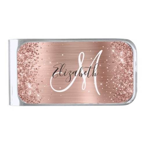 Glittery Rose Gold Foil Black and White Monogram Silver Finish Money Clip