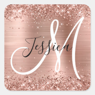 Glittery Rose Gold Foil Black and White Monogram Square Sticker