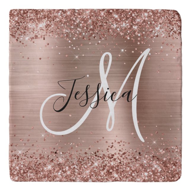 Glittery Rose Gold Foil Black and White Monogram Trivet (Front)