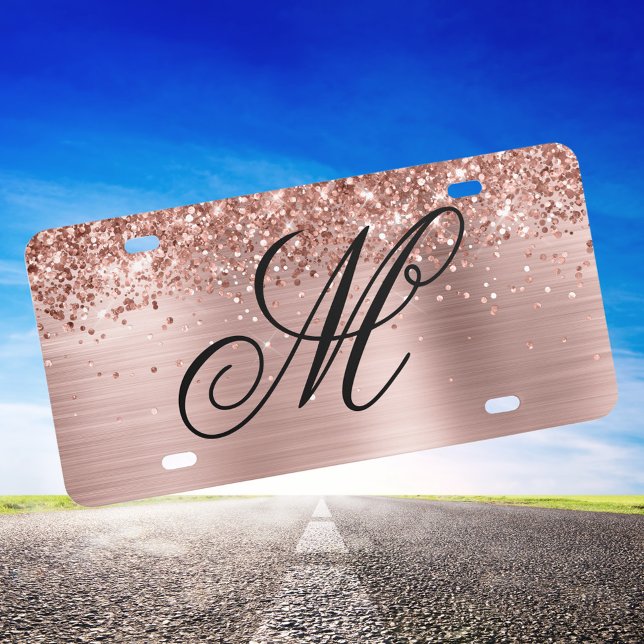 Glittery Rose Gold Foil Black Fancy Monogram License Plate (Create your own monogrammed rose gold decorative license plate.)