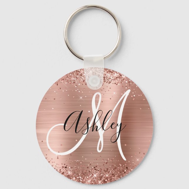 Glittery Rose Gold Foil Black White Monogrammed Keychain (Front)