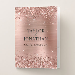 Glittery Rose Gold Foil Bride & Groom Wedding Pocket Folder