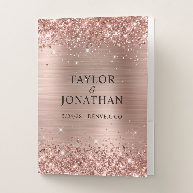 Glittery Rose Gold Foil Bride & Groom Wedding Pocket Folder (Front)