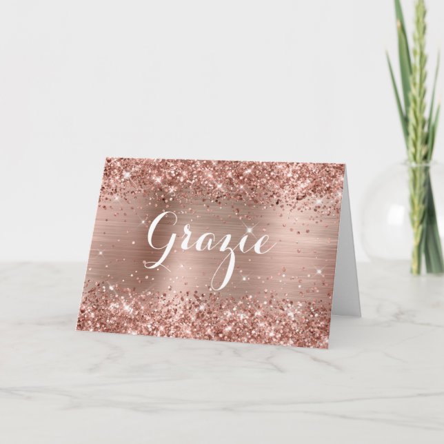 Glittery Rose Gold Foil Classic Script Grazie Thank You Card (Front)