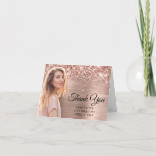Glittery Rose Gold Foil Cutout Photo 21st Birthday Letterpress Thank You Card