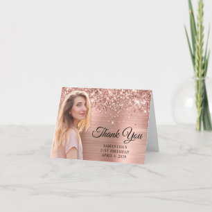 Glittery Rose Gold Foil Cutout Photo 21st Birthday Thank You Card