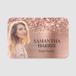 Glittery Rose Gold Foil Cutout Photo Name Tag