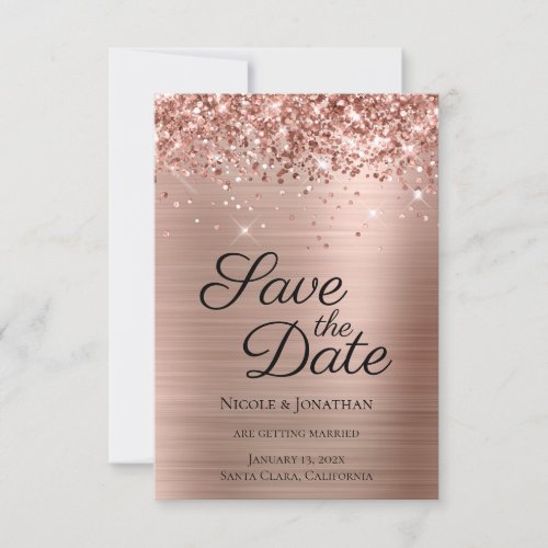 Glittery Rose Gold Foil Elegant Calligraphy Save The Date