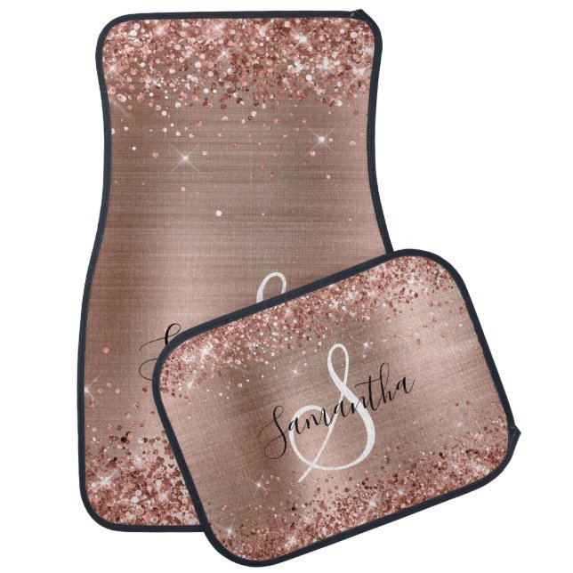 Glittery Rose Gold Foil Elegant Monogram Car Floor Mat (Set)