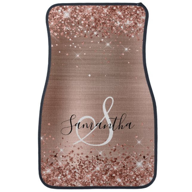 Glittery Rose Gold Foil Elegant Monogram Car Floor Mat (Front)