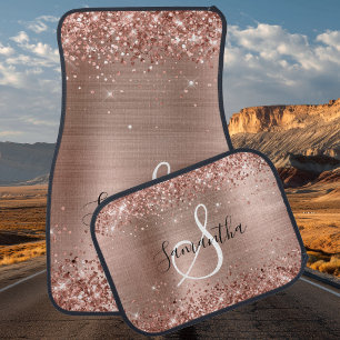 Glittery Rose Gold Foil Elegant Monogram Car Floor Mat