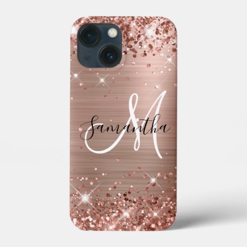 Glittery Rose Gold Foil Elegant Monogram iPhone 13 Mini Case