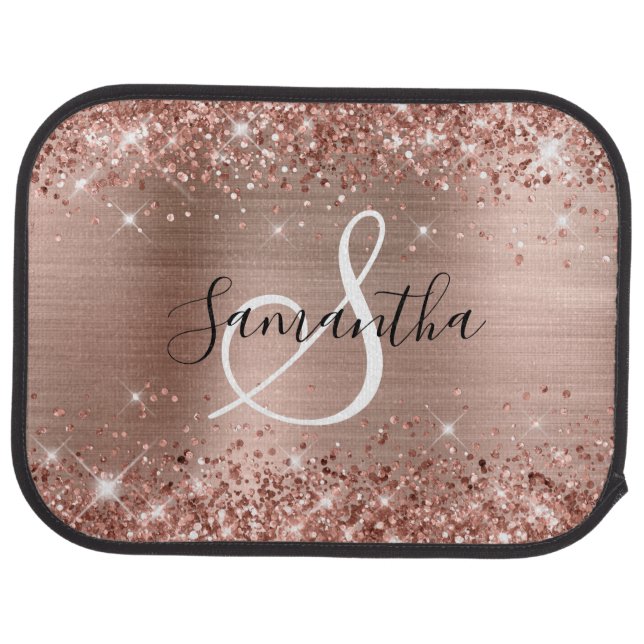 Glittery Rose Gold Foil Elegant Monogrammed Car Floor Mat (Rear)