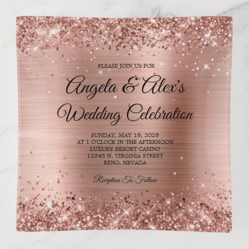 Glittery Rose Gold Foil Elegant Wedding Invite Trinket Tray