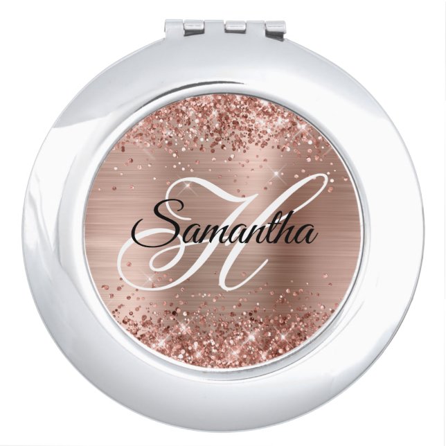 Glittery Rose Gold Foil Fancy Monogram Compact Mirror (Front)