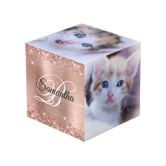 Glittery Rose Gold Foil Fancy Monogram Cube (Front Angled)