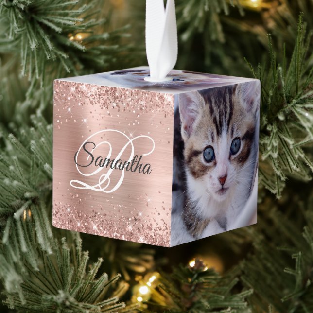 Glittery Rose Gold Foil Fancy Monogram Cube Ornament (Tree)