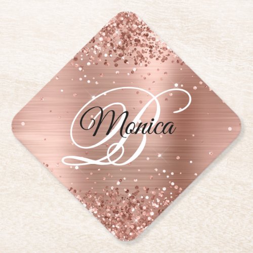 Glittery Rose Gold Foil Fancy Monogram Diamond Paper Coaster