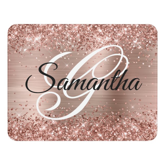 Glittery Rose Gold Foil Fancy Monogram Door Sign (Contemporary Front)