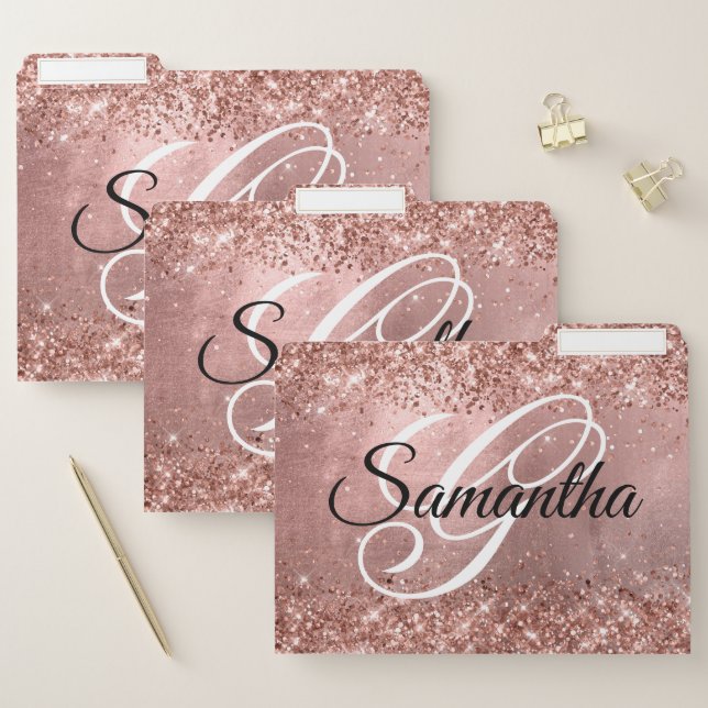 Glittery Rose Gold Foil Fancy Monogram File Folder (Set)