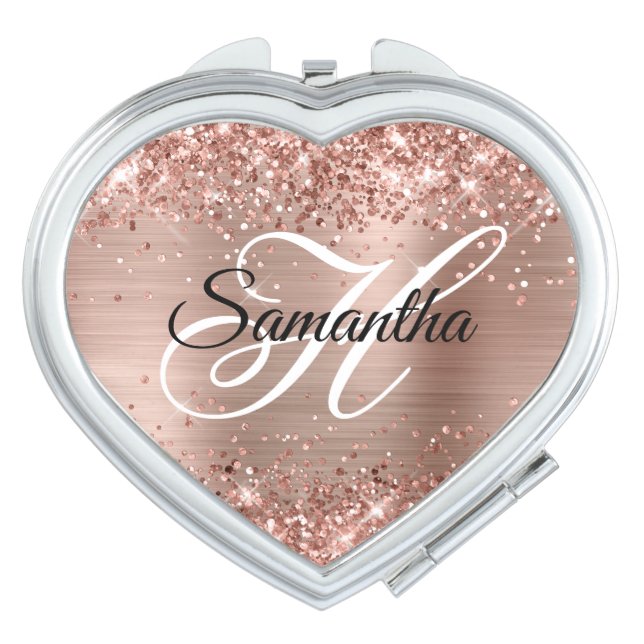 Glittery Rose Gold Foil Fancy Monogram Heart Compact Mirror (Front)