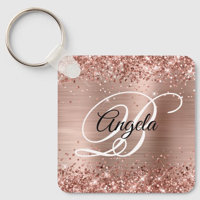 Glittery Rose Gold Foil Fancy Monogram Keychain (Front)
