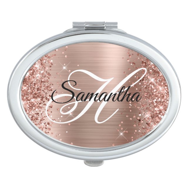 Glittery Rose Gold Foil Fancy Monogram Oval Compact Mirror (Front)