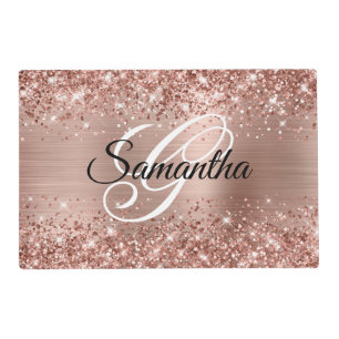 Glittery Rose Gold Foil Fancy Monogram Placemat