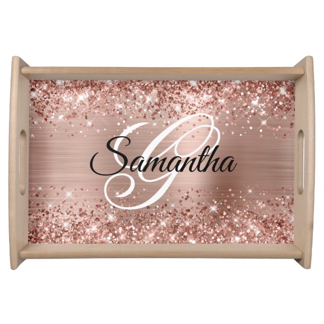 Glittery Rose Gold Foil Fancy Monogram Serving Tray (Front)