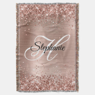 Glittery Rose Gold Foil Fancy Monogram Throw Blanket