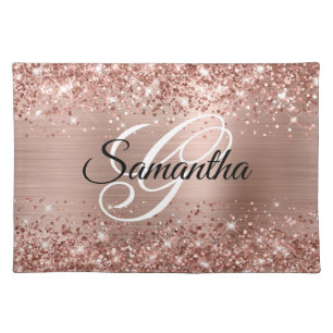 Glittery Rose Gold Foil Fancy Monogrammed Cloth Placemat