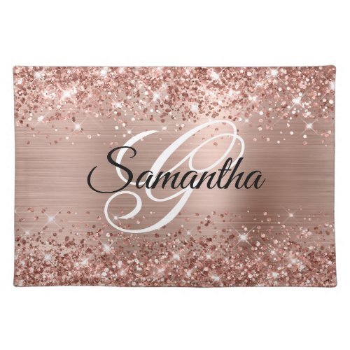 Glittery Rose Gold Foil Fancy Monogrammed Cloth Placemat