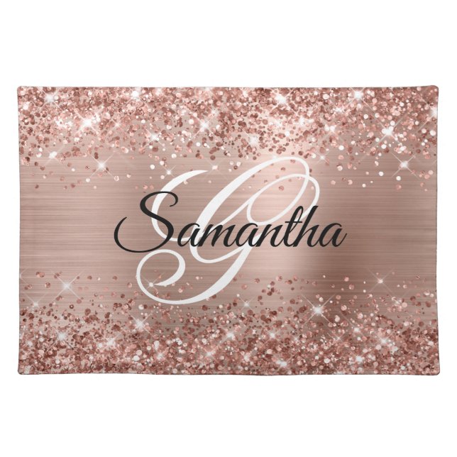Glittery Rose Gold Foil Fancy Monogrammed Cloth Placemat (Front)