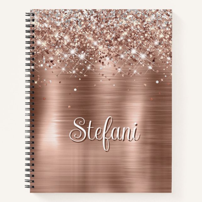 Glittery Rose Gold Foil Faux Glitter Monogram Notebook (Front)