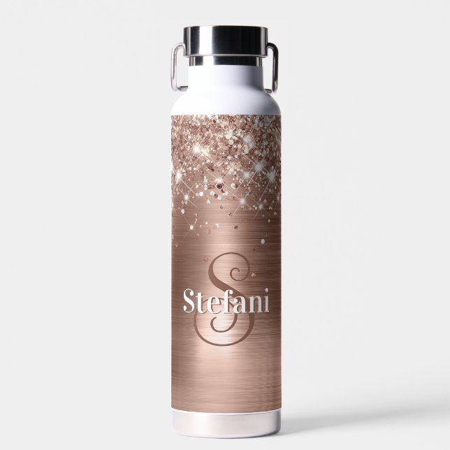 Glittery Rose Gold Foil Faux Glitter Monogram Water Bottle (Front)