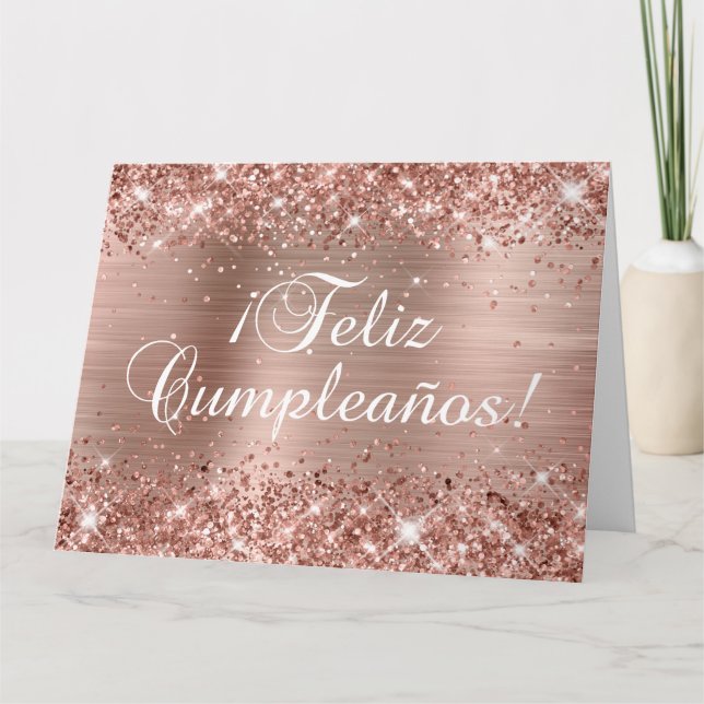 Glittery Rose Gold Foil Feliz Cumpleaños Group Card (Front)