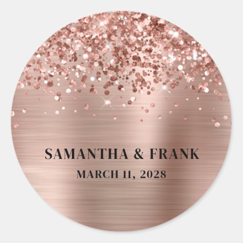 Glittery Rose Gold Foil Glam Wedding Classic Round Sticker