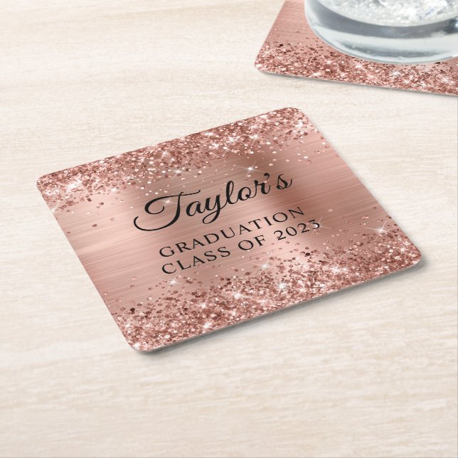 Glittery Rose Gold Foil Graduation Square Paper Coaster (Angled)