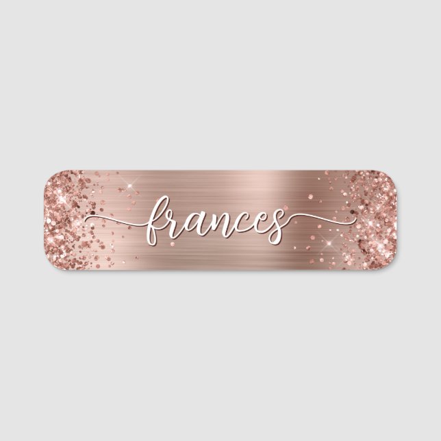 Glittery Rose Gold Foil Handwritten Script Name Tag (Front)
