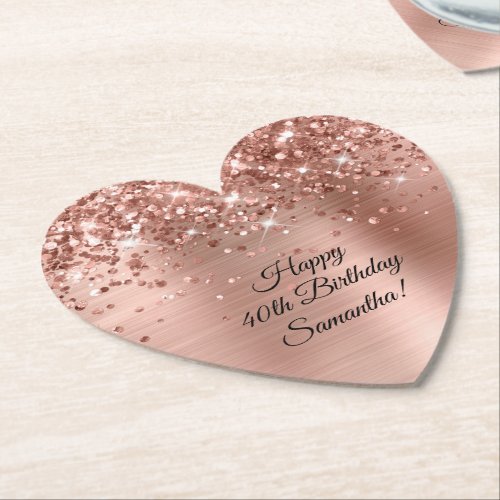 Glittery Rose Gold Foil Happy 40th Birthday Paper Coaster