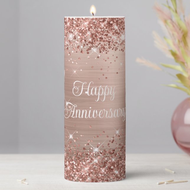 Glittery Rose Gold Foil Happy Anniversary Pillar Candle (In Situ)
