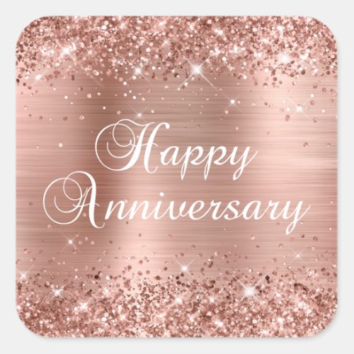 Glittery Rose Gold Foil Happy Anniversary Square Sticker