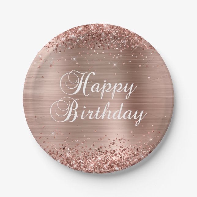 Glittery Rose Gold Foil Happy Birthday Paper Plates (Front)