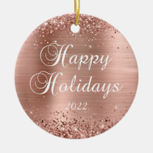 Glittery Rose Gold Foil Happy Holidays Photo Ceramic Ornament