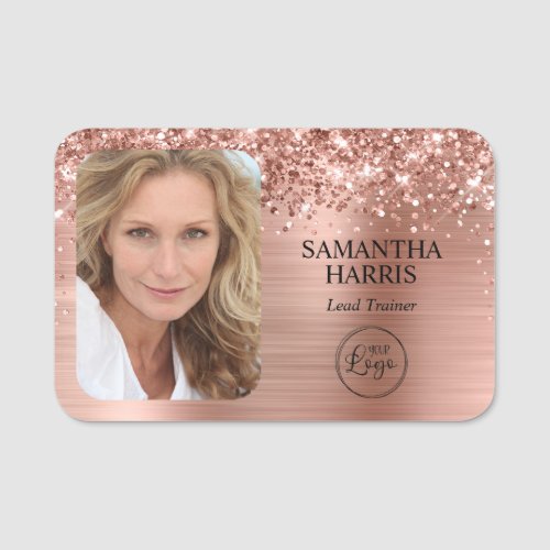 Glittery Rose Gold Foil Logo and Photo Name Tag